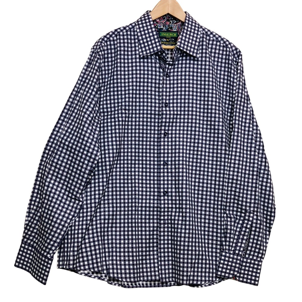 Inserch  Button Down Shirt Mens 2XL Navy White Gingham Jacquard Cotton Excellent